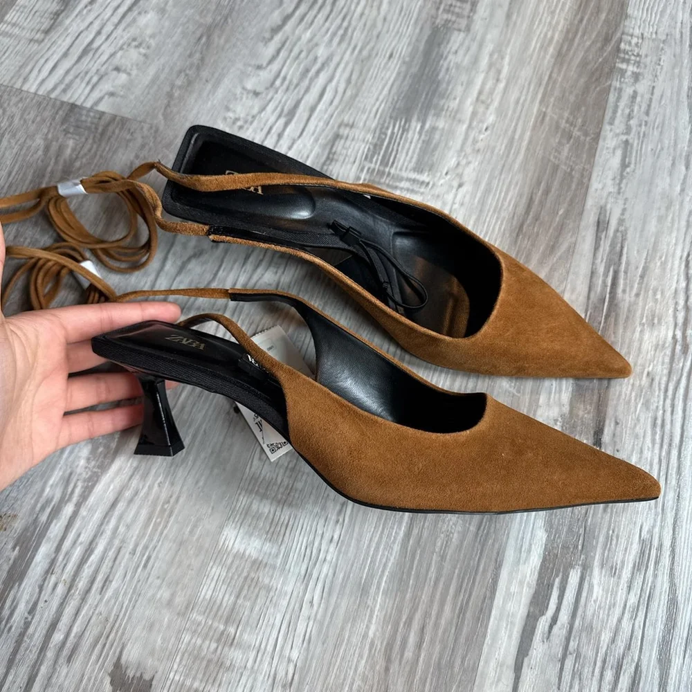 ZARA LACE-UP LEATHER SLINGBACK HEELS - BRAND NEW WITH TAGS - Picture 6 of 8